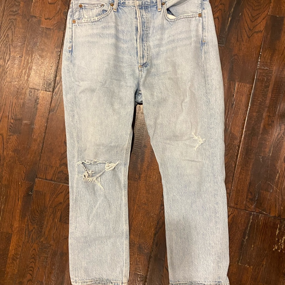 Agolde Blue Boyfriend Jeans with Distressed Detailing and Straight Leg Cut